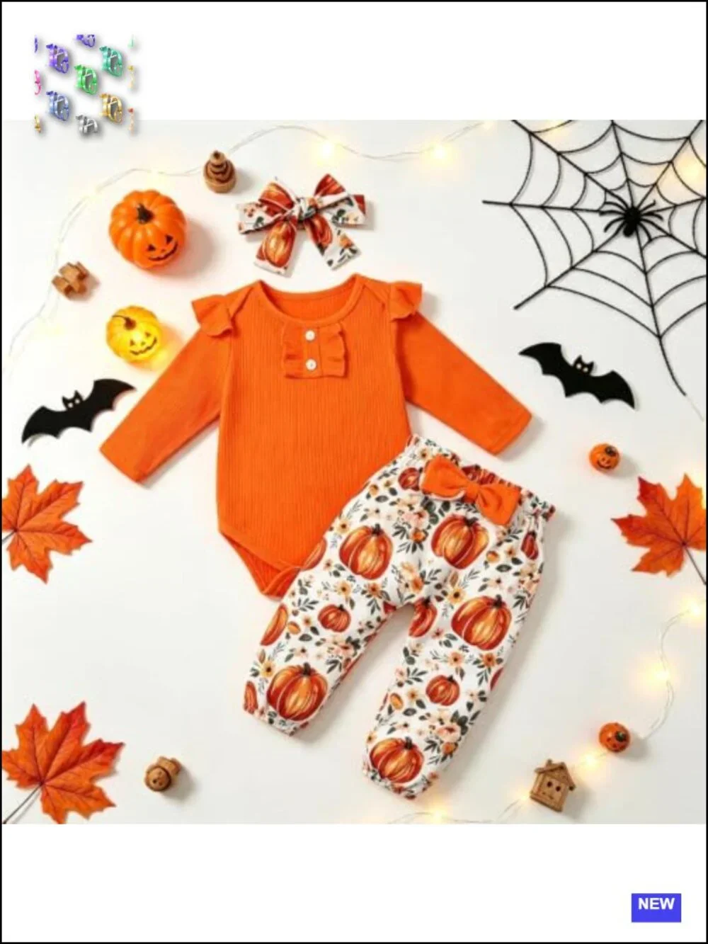Baby Girl Halloween Pumpkin Bell Bottom Outfit 3-Piece Cotton Romper
